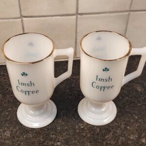 2 (two) Vintage Milk Glass, 6" H, Gold Rimmed Irish Coffee Mugs